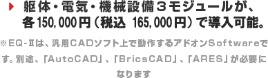 躯体・電気・機械設備３モジュールが、各150,000円で導入可能。